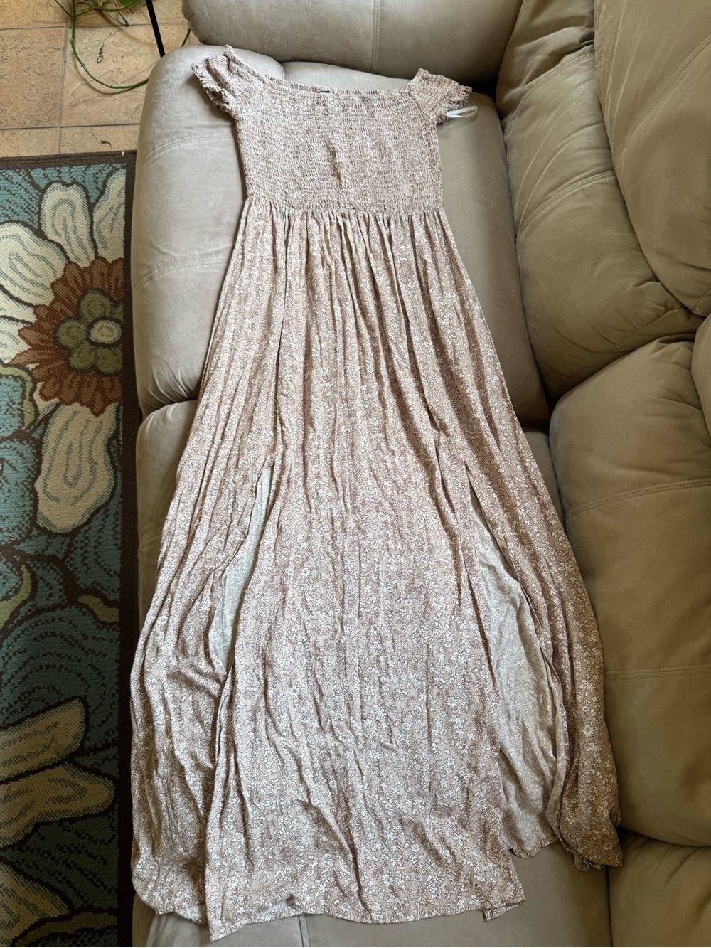 Neutral Beige Floral Maxi Dress with Smocked Bodice